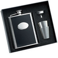 6 Oz. Black Bonded Leather Stainless Steel Flask w/Funnel & 2-Shooters